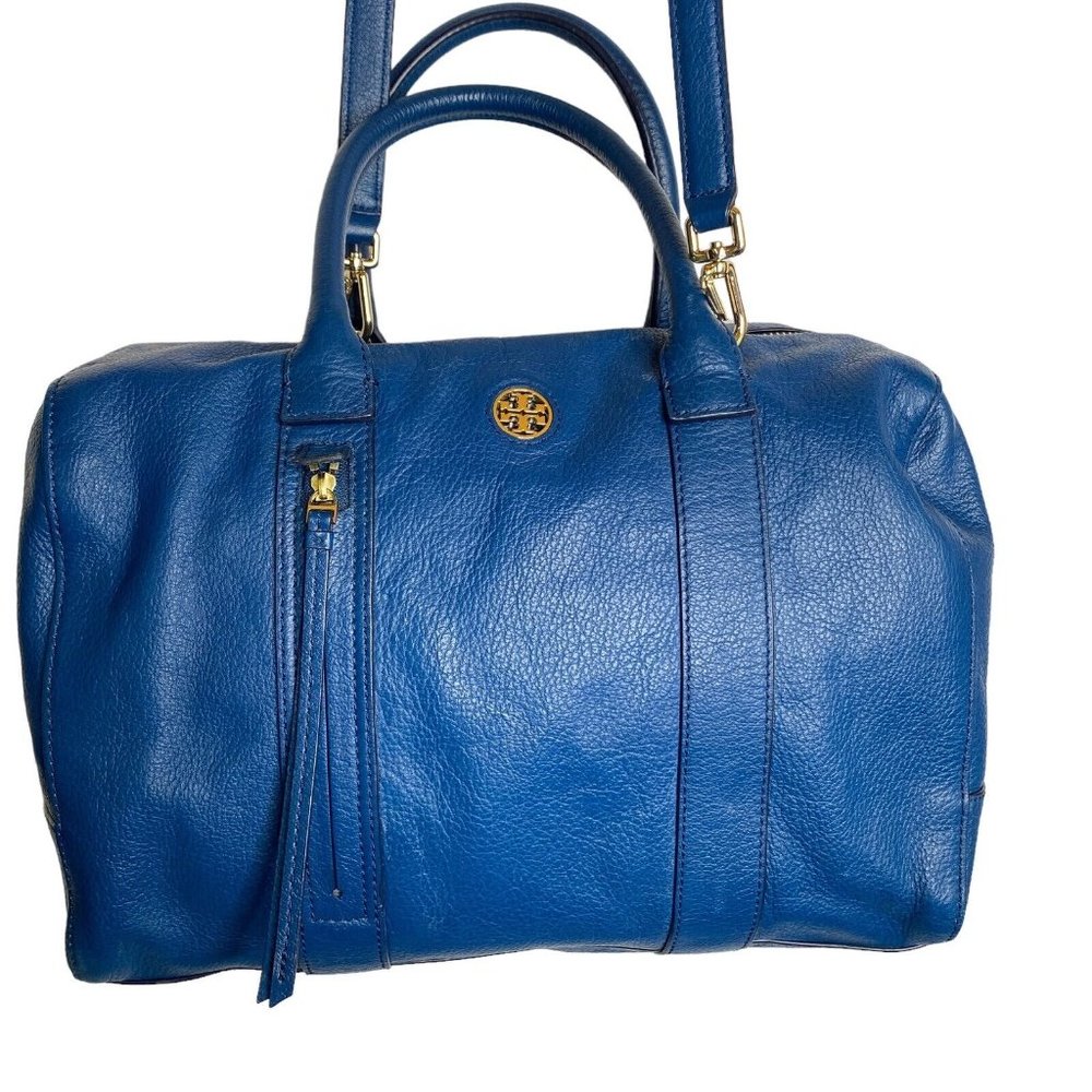 Tory Burch Brody Leather Satchel Cross Body Tidal Wave Blue Double Handle Strap